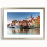 Extra large abstract art print featuring a textured Europe-Poland scenery in muted tones, framed in silver.