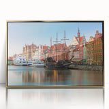 Art Deco poster of a European cityscape in gold and black tones, acrylic print framed, suitable for modern art wall decor.