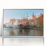 Mid-century modernist art of a European scenery in Poland, depicted in muted gray and blue tones on framed acrylic.