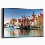 Black and white vintage poster art of a European landscape on framed canvas, ideal for bedroom decor.