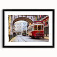 Colorful abstract art print of Lisbon scenery in vibrant hues on a large framed canvas, ideal for living room decor.