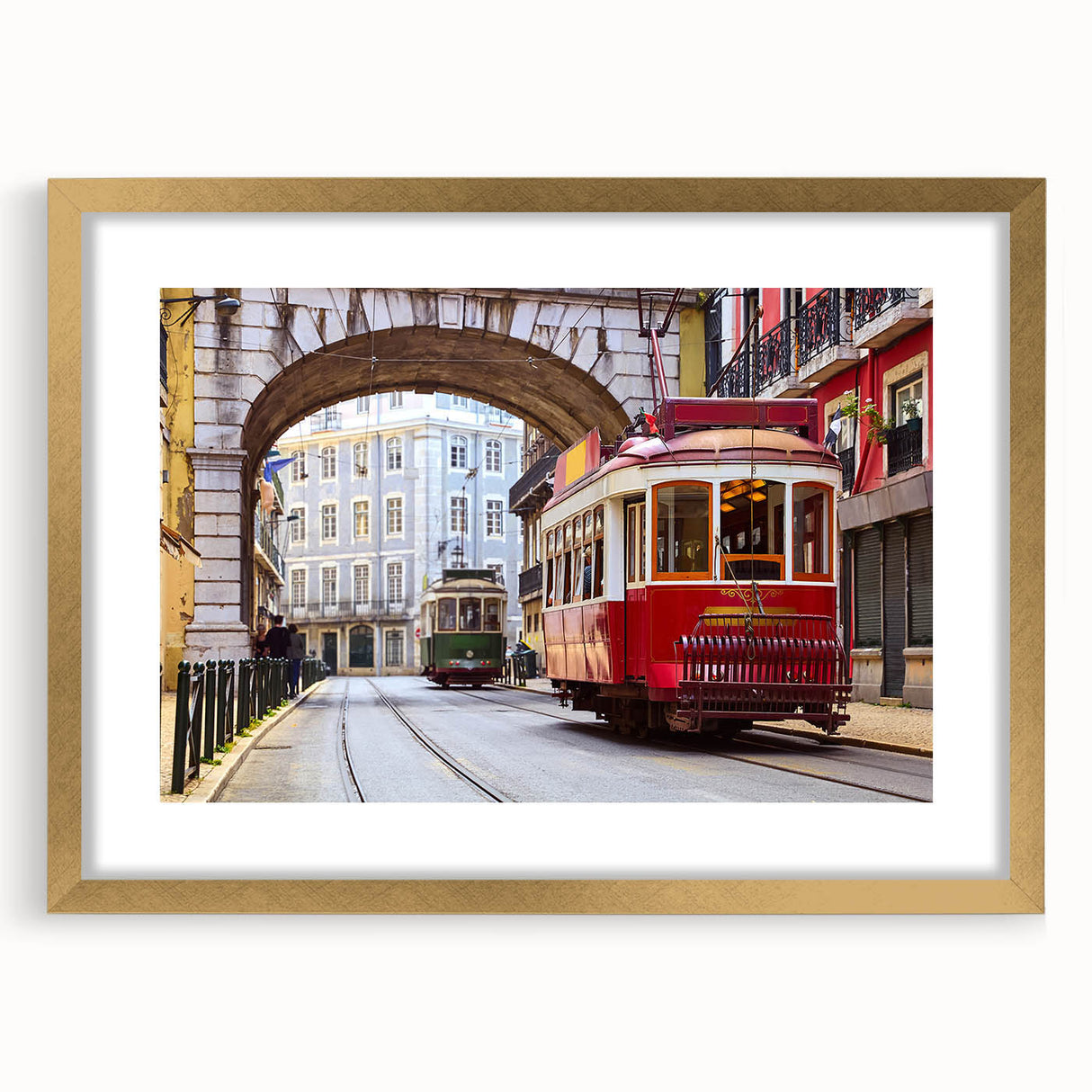 Abstract art print of Lisbon scenery in muted gold and blue tones on a framed canvas, suitable for dining room decor.