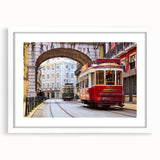 Textured abstract art print of Lisbon scenery in muted earth tones on a framed white mat, ideal for bedroom art.