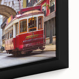 Close-up of textured black wall art featuring a colorful Lisbon scenery on a framed canvas, ideal for living room decor.