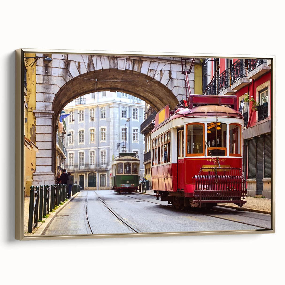 Framed canvas featuring a vintage Lisbon landscape in muted gold and black tones, ideal for bedroom wall art.