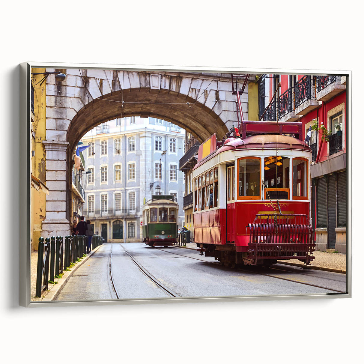 Landscape art painting of Lisbon on framed canvas, featuring vintage poster style with colorful and black elements.