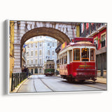 Vintage poster art of Lisbon scenery with colorful palette on extra large framed canvas, suited for living room decor.