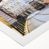 Art deco poster of Lisbon scenery with pastel color palette on rolled canvas, ideal for dining room wall art.