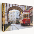 Stretched canvas print depicting bustling Lisbon street scene in vibrant colors, ideal for kitchen wall art.