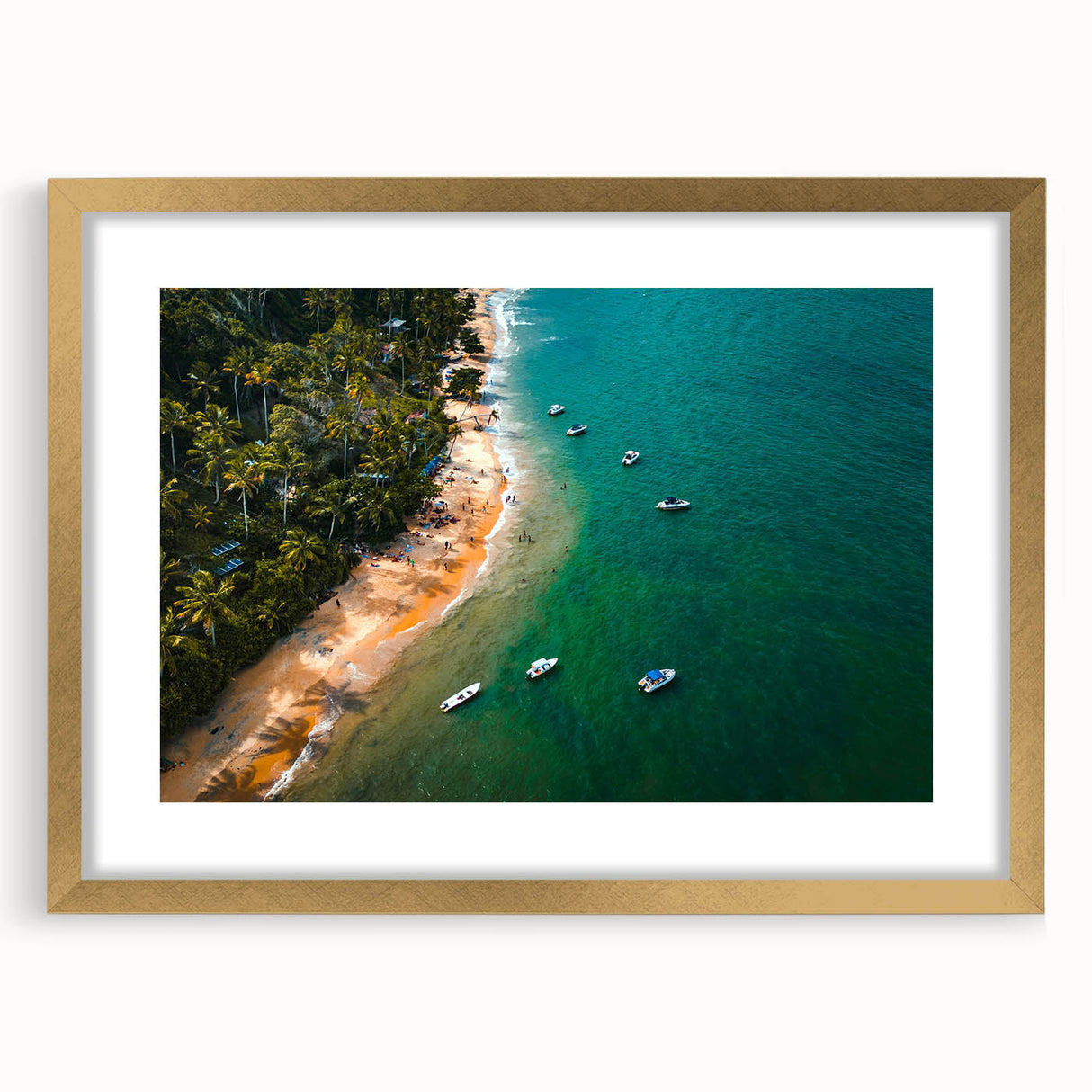 Abstract art print of Porto scenery in muted gold and blue tones, framed with a gold mat, ideal for dining room decor.