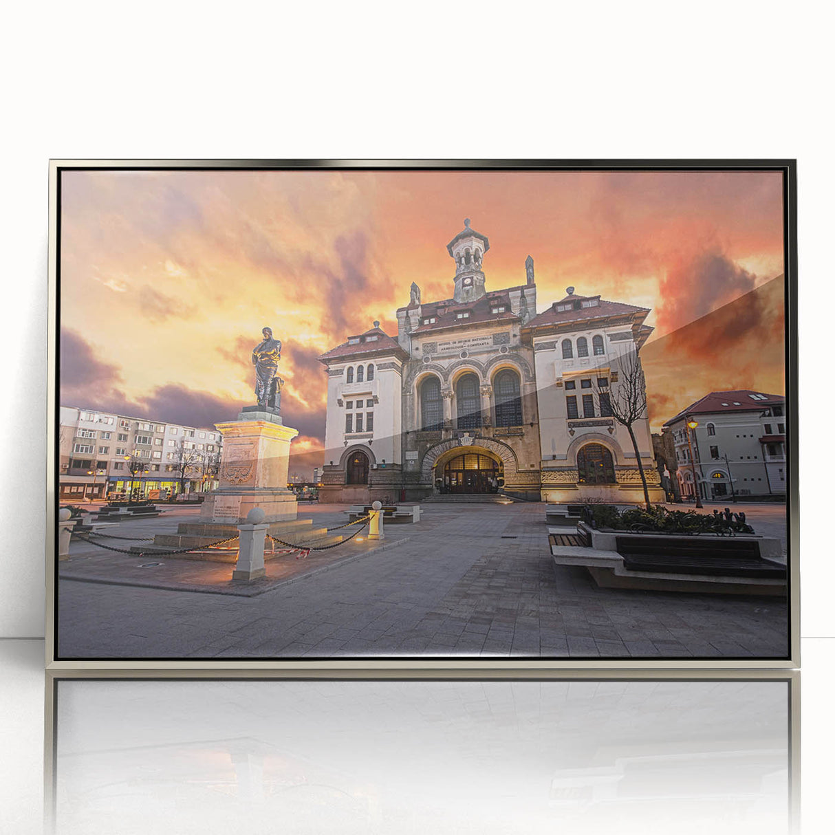 Large art print of a European Romanian scenery in muted earth tones on framed acrylic, ideal for modern art wall decor.