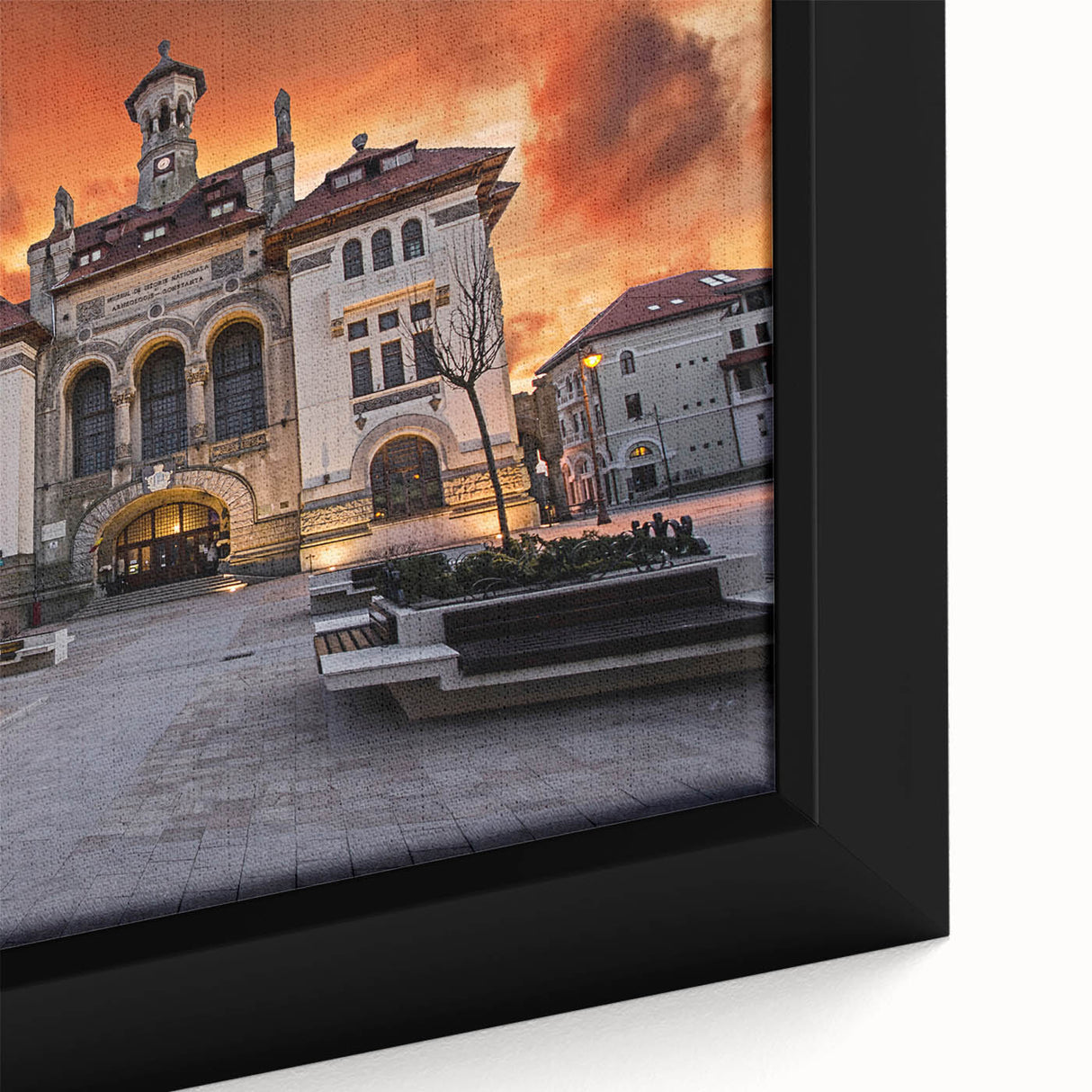 Black wall art featuring a textured, colorful European scenery on a framed canvas, ideal for large living room decor.