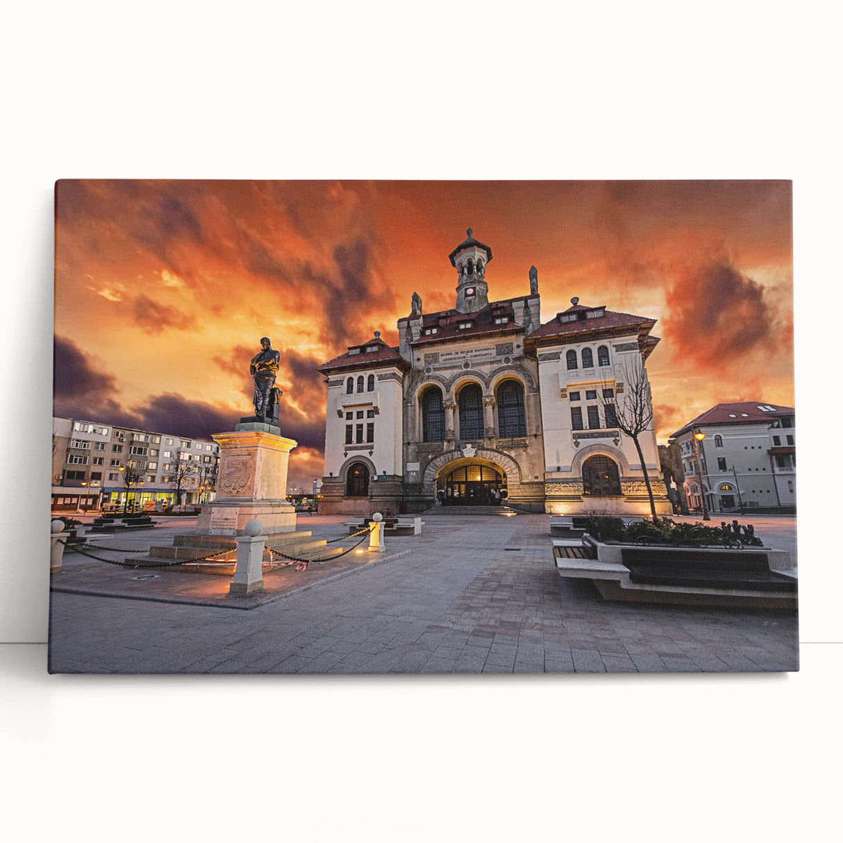 Black and white stretched canvas of a scenic Romanian village, ideal for kitchen wall art.