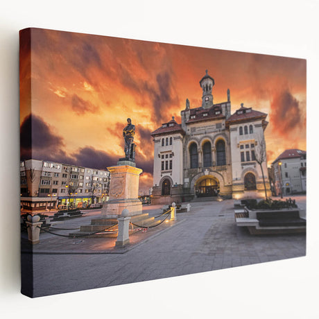 Scenic Romanian landscape on large stretched canvas, featuring lush greenery and a clear blue sky.