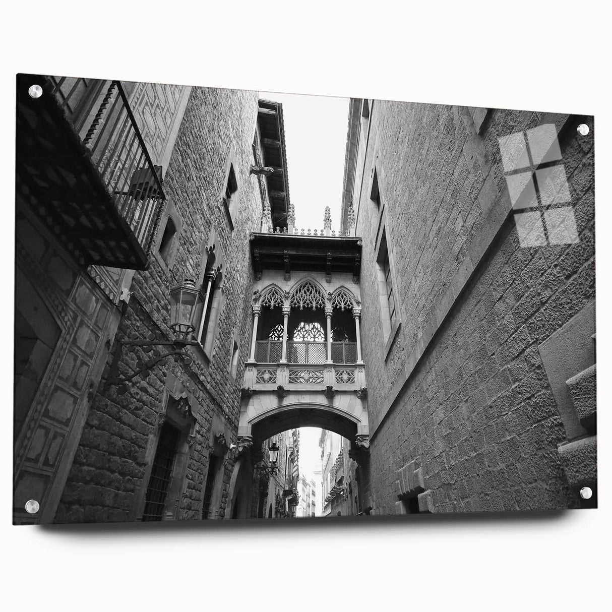 Acrylic print of a large abstract depiction of Barcelona with vibrant hues, ideal for dining room decor.
