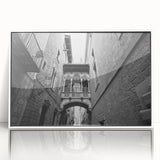 Mid-century modernist art of Barcelona skyline in muted earth tones on framed acrylic, ideal for modern art wall decor.