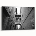 Black and white framed canvas of a vintage Barcelona landscape, ideal for bedroom wall decor.