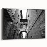 Black and white framed canvas of a vintage Barcelona landscape, ideal for bedroom wall decor.