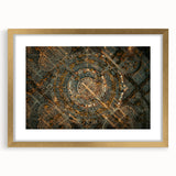 Extra large abstract art print of Madrid scenery in muted earth tones on a textured canvas, framed in gold.
