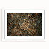 Abstract art print of Madrid skyline in muted gray and blue tones on a framed white mat, suitable for dining room decor.