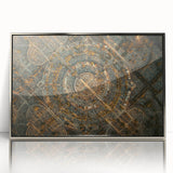 Mid-century modernist art of Madrid skyline in silver acrylic frame, with muted earth tones, ideal for nursery wall decor.