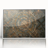 Art deco poster featuring Madrid skyline in muted gray and blue tones on framed acrylic, ideal for modern bedroom ambiance.