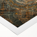 Art deco poster of Madrid skyline in muted earth tones on rolled canvas, suitable for dining room décor.