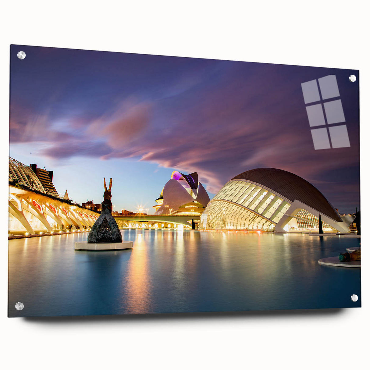 Acrylic print of a large abstract depiction of Valencia with vibrant blue and orange tones, ideal for dining room decor.