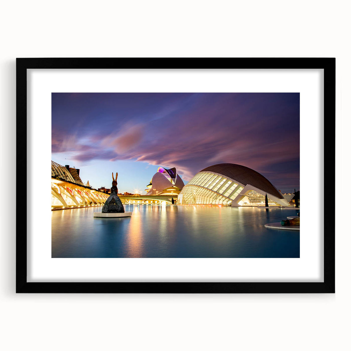 Extra large abstract art print of Valencia scenery in vibrant colors on textured canvas, framed in black.