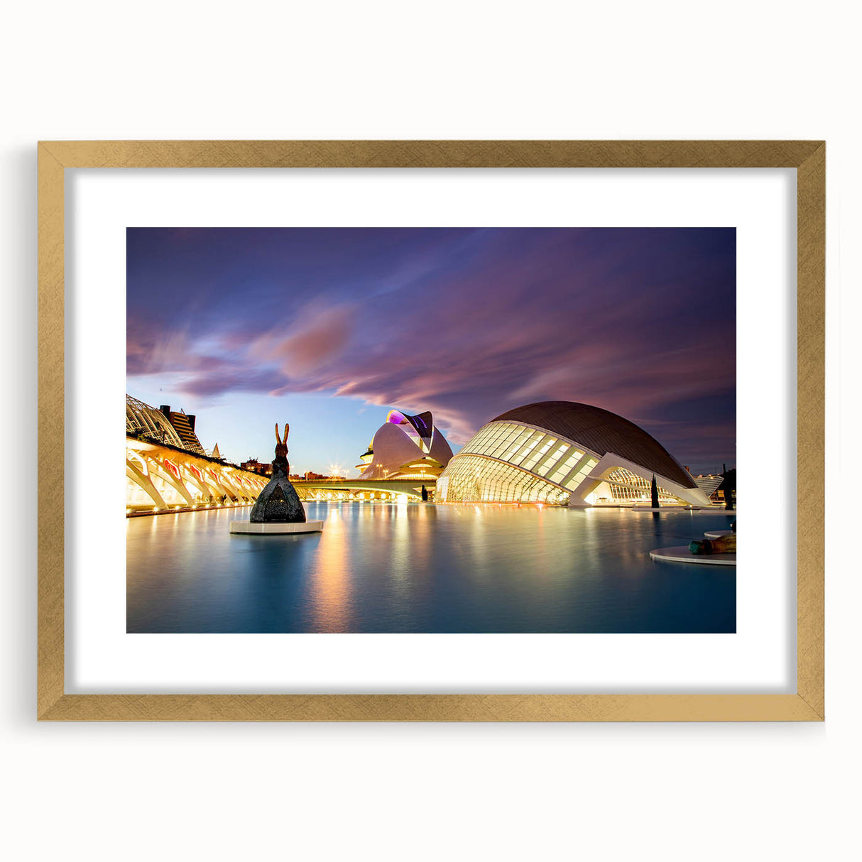 Extra large abstract art print of Valencia scenery in textured gold frame, ideal for living room decor.