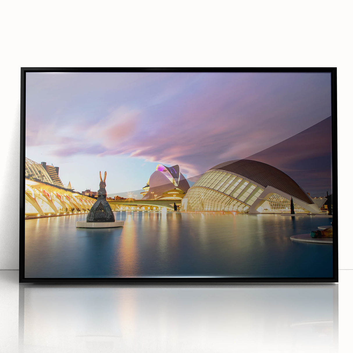 Large abstract wall art depicting a vibrant Valencia cityscape, in a black framed acrylic, ideal for modern art wall decor.