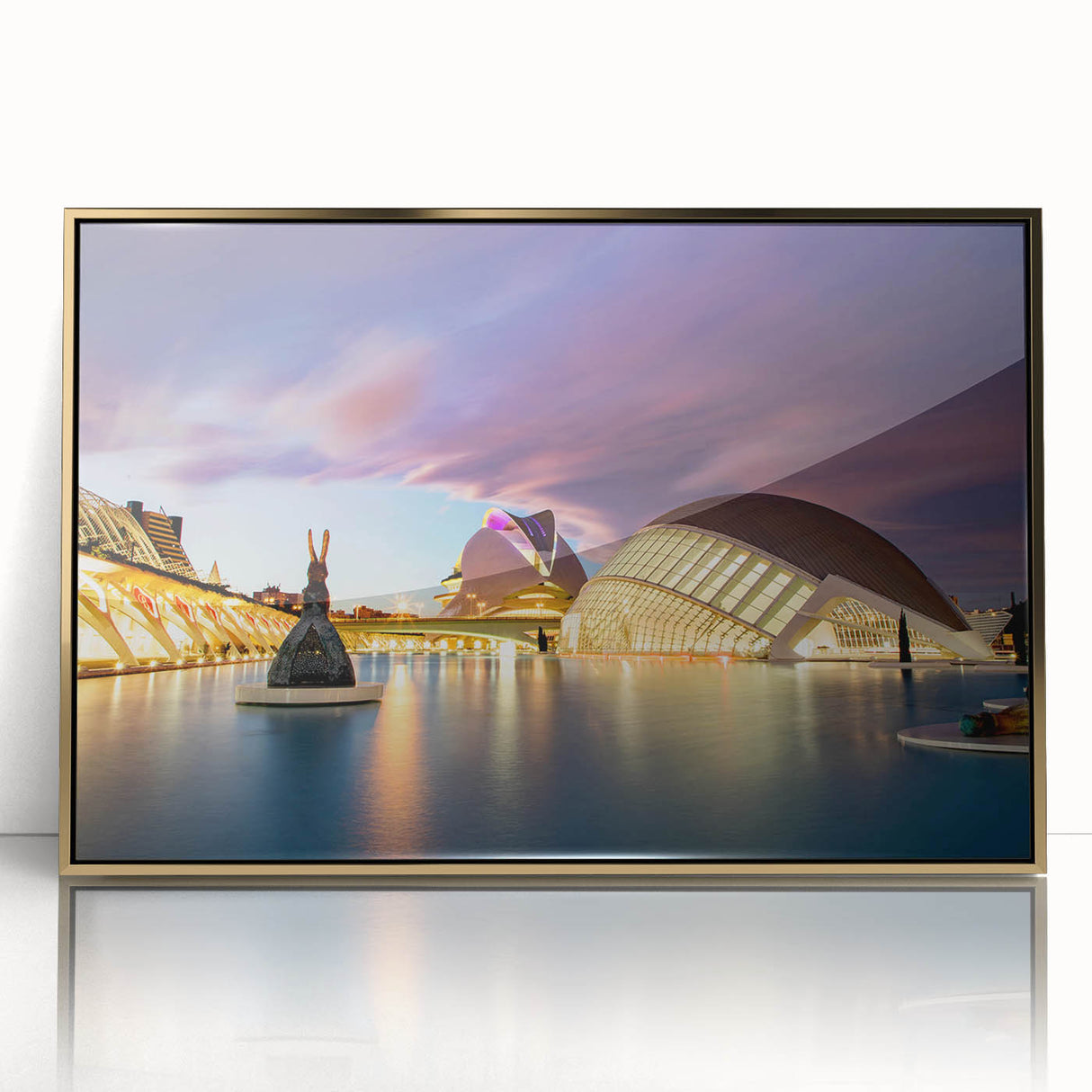 Acrylic print of Valencia scenery in gold frame, featuring mid-century modernist style, ideal for nursery wall art.