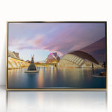 Acrylic print of Valencia scenery in gold frame, featuring mid-century modernist style, ideal for nursery wall art.