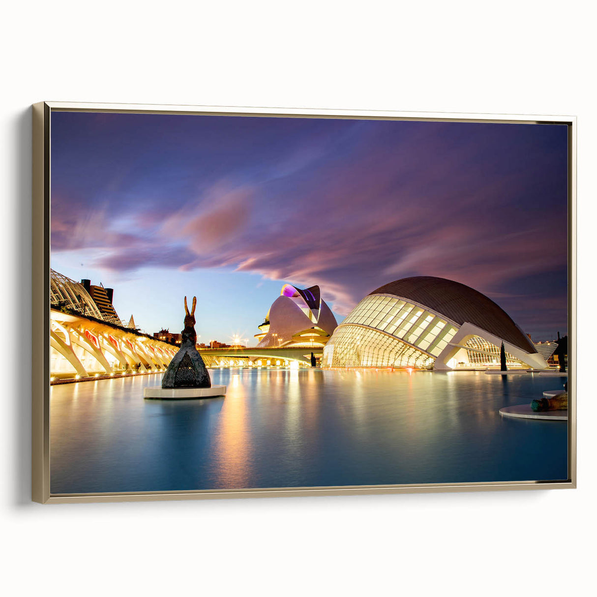 Framed canvas landscape art of Valencia with golden hues, ideal for bedroom decor.