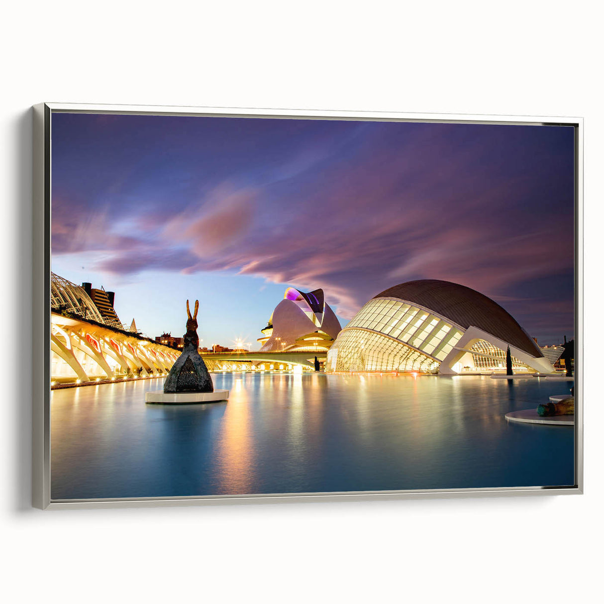 Framed canvas of a vintage-style landscape painting depicting Valencia, featuring colorful art on a black background.
