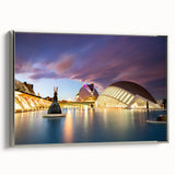 Framed canvas of a vintage-style landscape painting depicting Valencia, featuring colorful art on a black background.