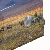 Large abstract wall art featuring a serene Swedish landscape in muted blue and green tones on acrylic glass.