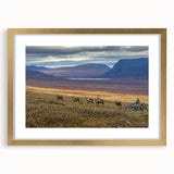 Extra large abstract art print featuring textured scenery of a European landscape in muted earth tones, framed in gold.