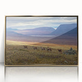 Framed acrylic print of a serene Swedish landscape in muted green and blue tones, ideal for nursery wall art.