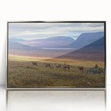 Mid-century modernist art of a European landscape in silver framed acrylic, with muted earth tones.