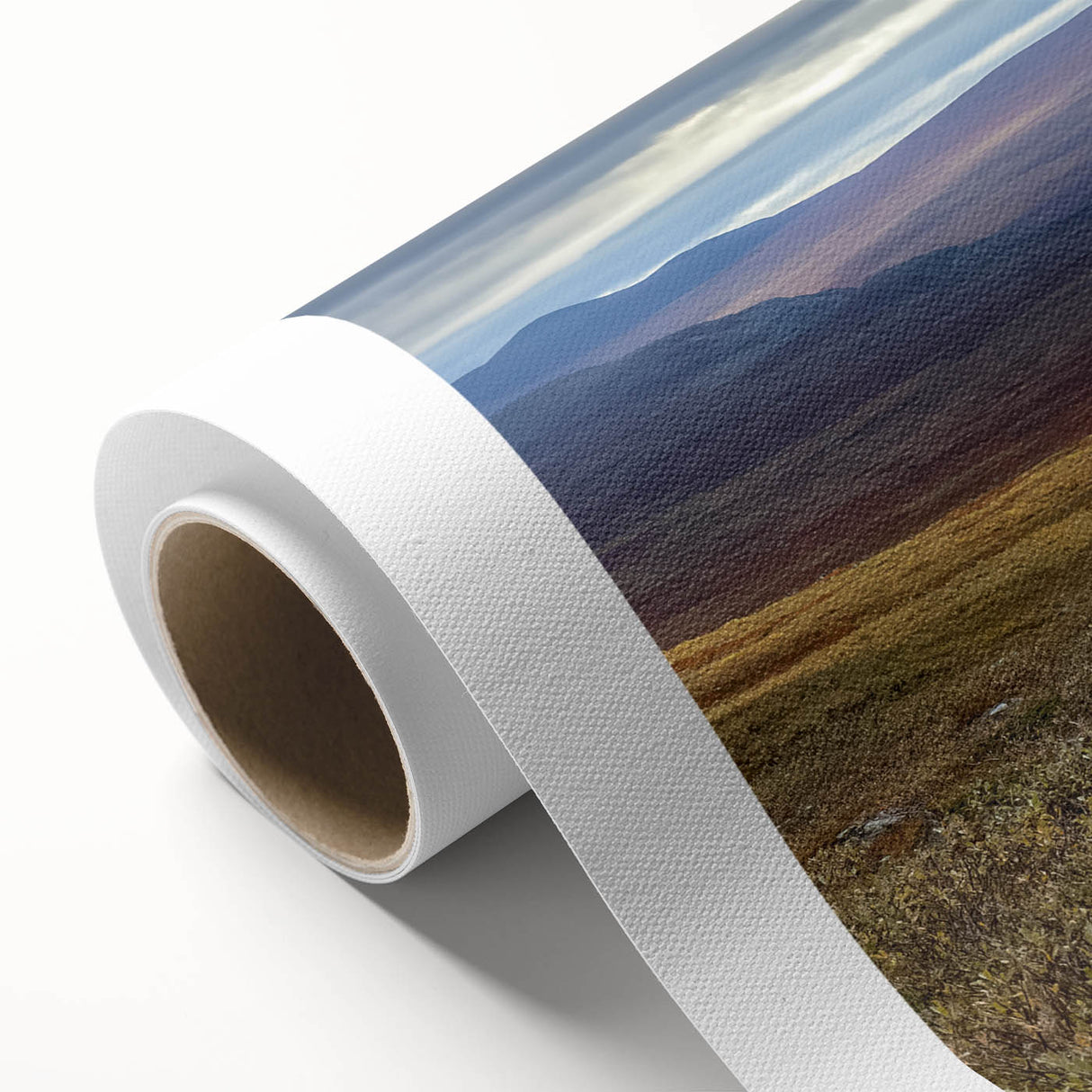 Art Deco poster featuring a serene Swedish landscape in soft blue and green tones on rolled canvas.