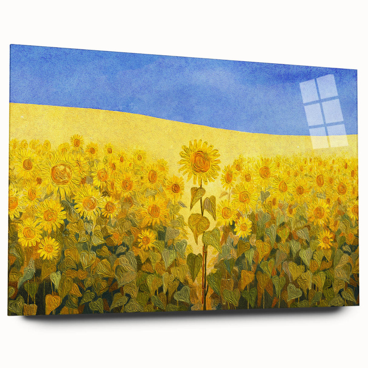 Large abstract wall art of a European landscape in muted tones on acrylic glass, suitable for bedroom or dining room decor.