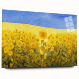 Large abstract wall art of a European landscape in muted tones on acrylic glass, suitable for bedroom or dining room decor.