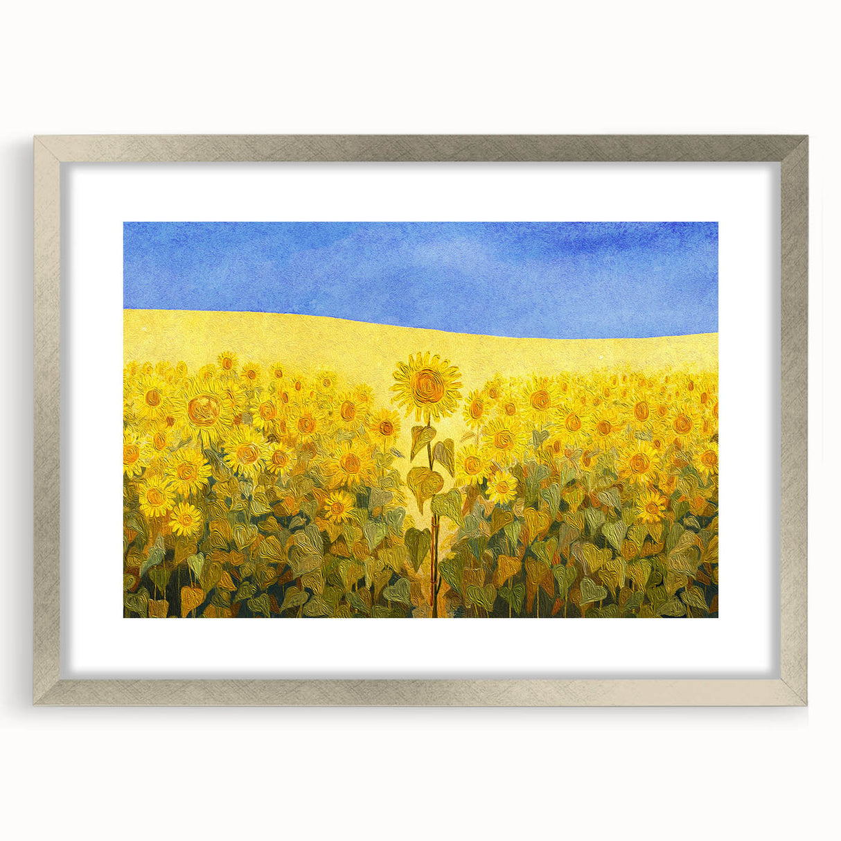 Textured abstract art print of a European landscape in muted earth tones, framed in silver, ideal for bedroom decor.