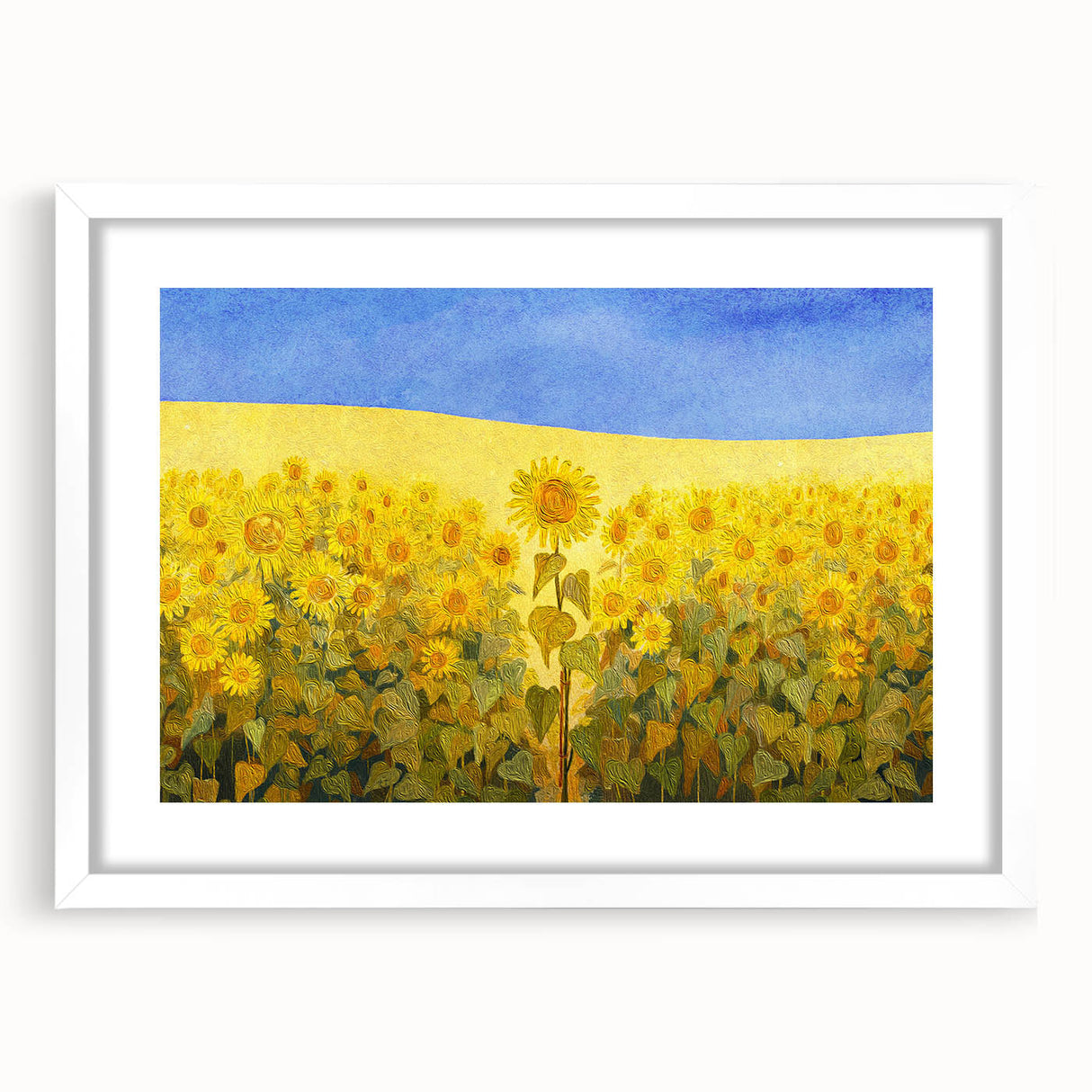 Abstract art print depicting a serene Ukrainian landscape in muted earth tones on a framed white mat.