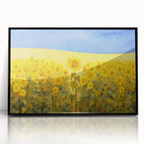 Large abstract wall art depicting a vibrant European landscape in mid-century modernist style, framed in black acrylic.