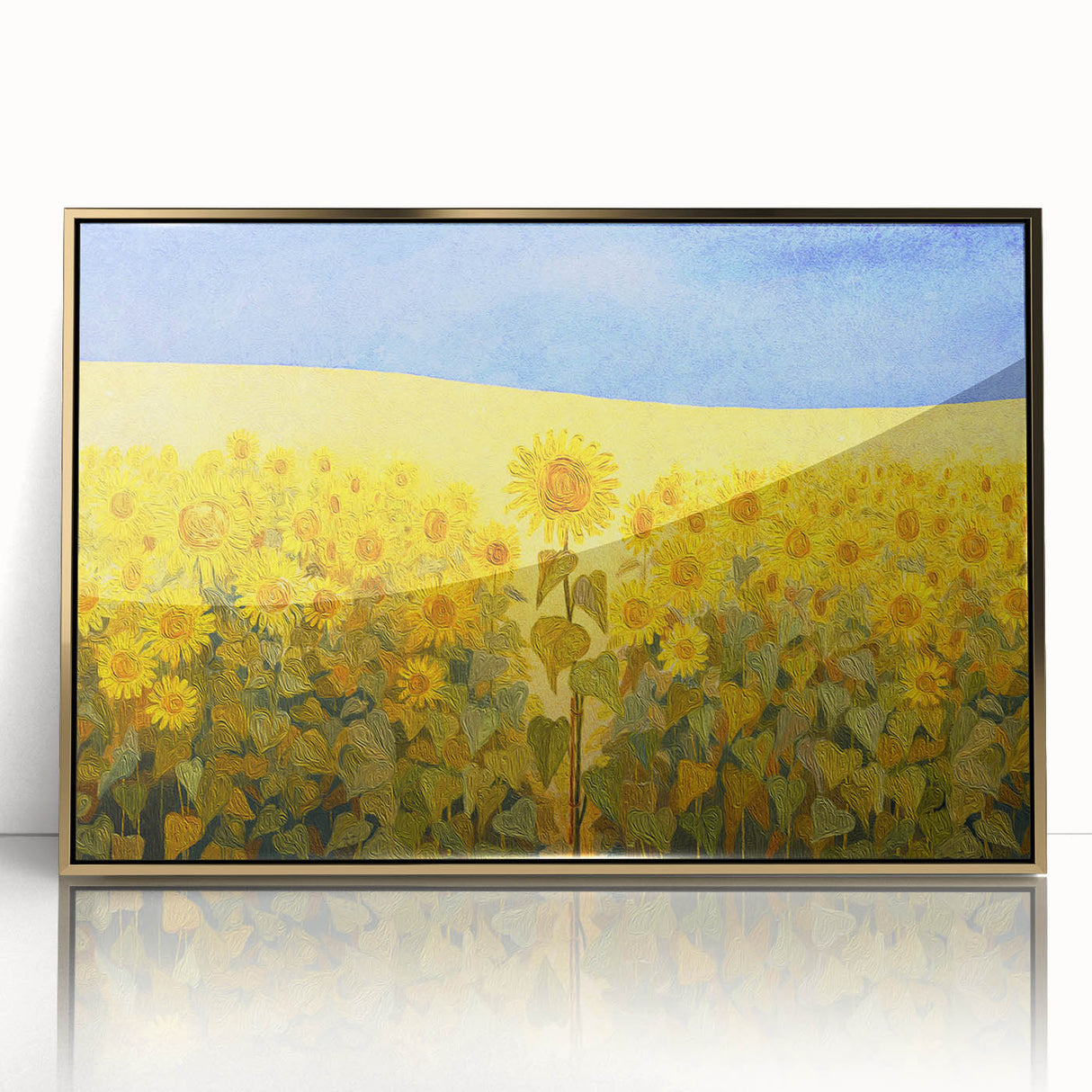 Large acrylic print of a serene Ukrainian landscape with golden hues, framed in gold, suitable for modern art wall decor.