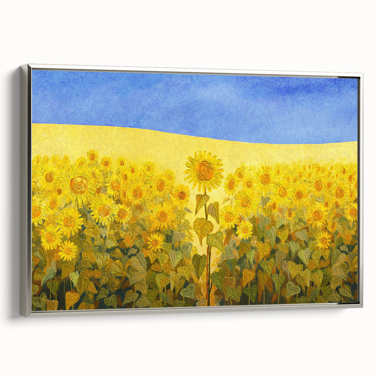 Landscape art painting of a European scenery on a framed canvas, featuring silver hues and vintage poster style.