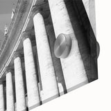 Mid-century modernist acrylic print of a European cityscape with muted earth tones, ideal for dining room art.