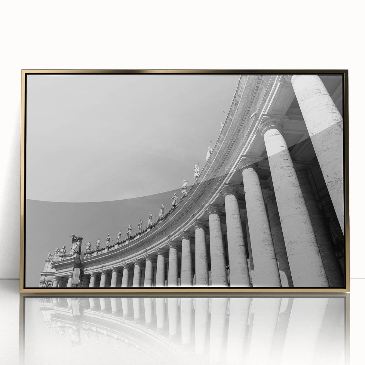 Large acrylic print of the Vatican scenery in muted gold tones, framed in mid-century modernist style.